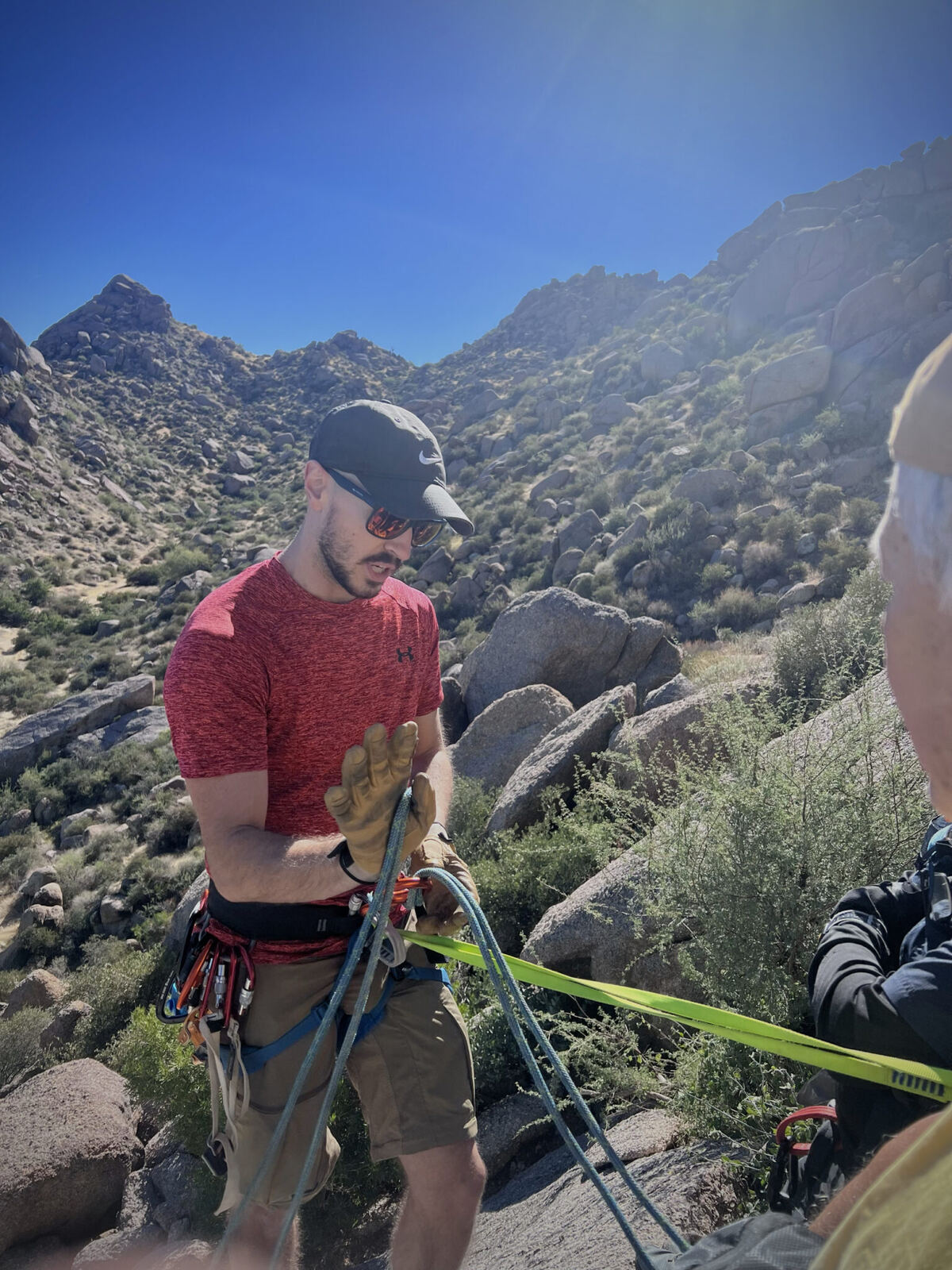 Setting up ropes among rocky mountains